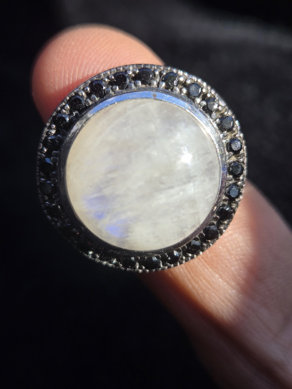 Moonstone and Black Spinel Halo 925 Silver Statement Ring - Women Jewelry